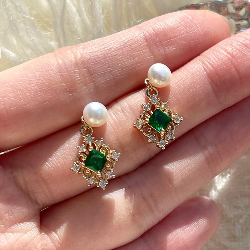 Huitan Exquisite Green Cubic Zirconia Drop Earrings for Women Removable Imitation Pearl Earrings Two Wear Ways Creative Jewelry