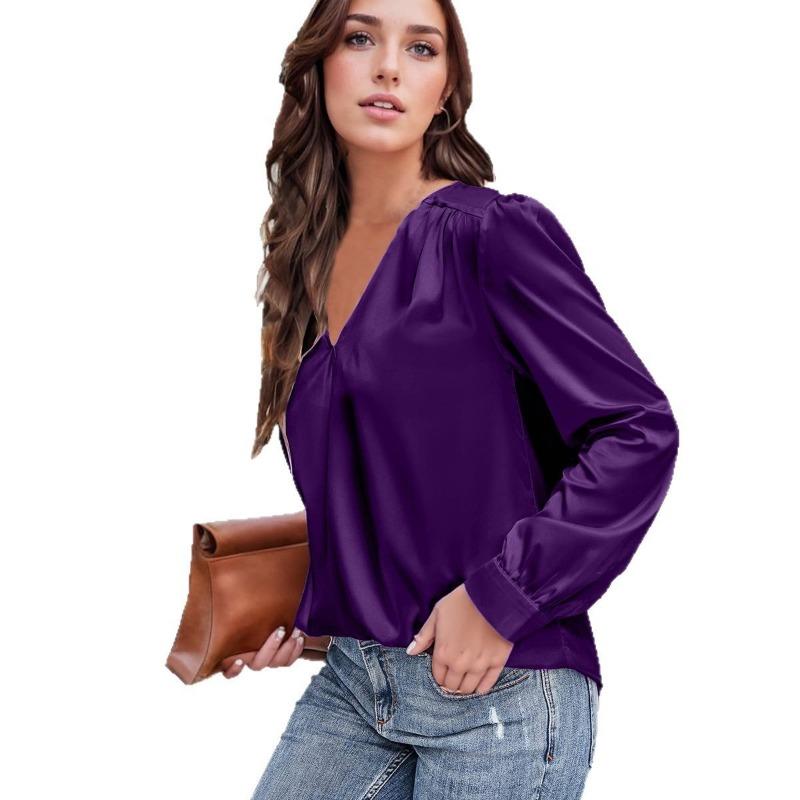 Plus Size Women's Pleated Long Sleeve V Neck Casual Loose Commuter Top