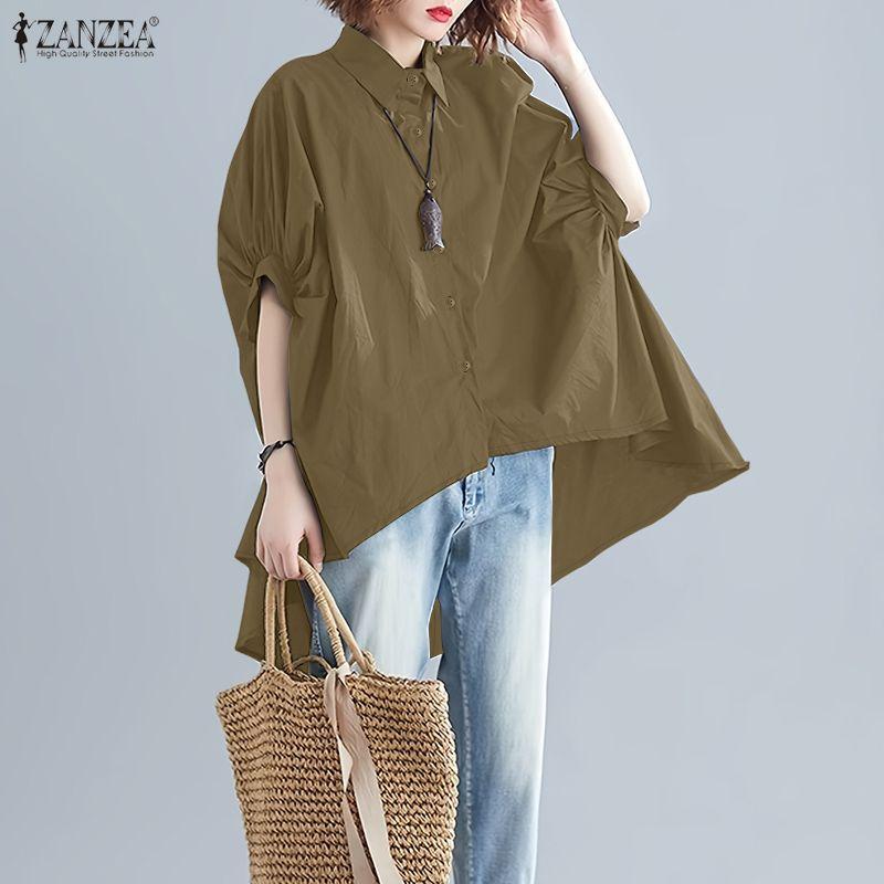 ZANZEA Women Casual Turn Down Collar Loose Half Sleeve Irregular Blouse