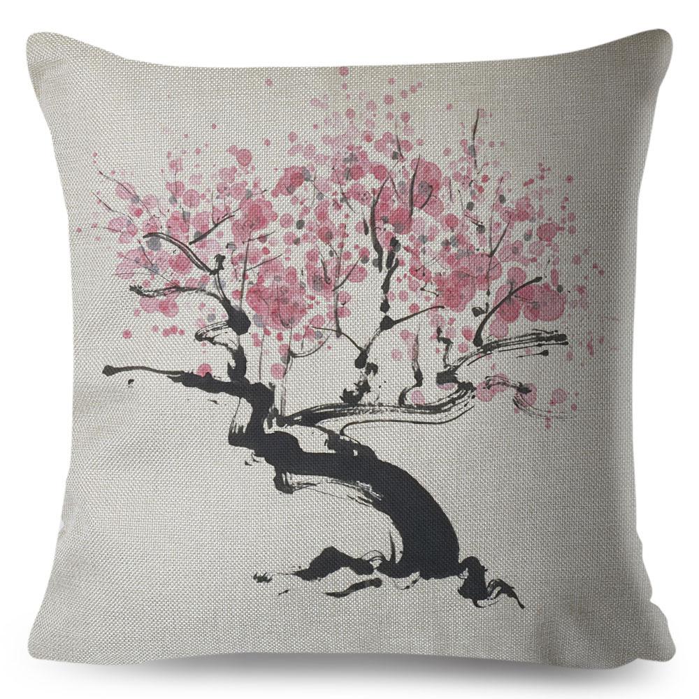 Japanese Style Ink Cushion Cover for Sofa Home Car Decor Beautiful Scenery Cat Girl Pillowcase Polyester Pillow Case 45x45cm