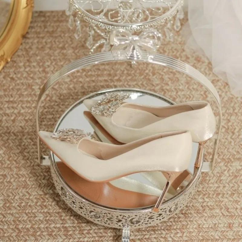 Champagne Colored High Heels Wedding Shoes for Women 2025 New French Cloth Surface Rhinestone Pointed Toe, Slim Heel Shoes Women