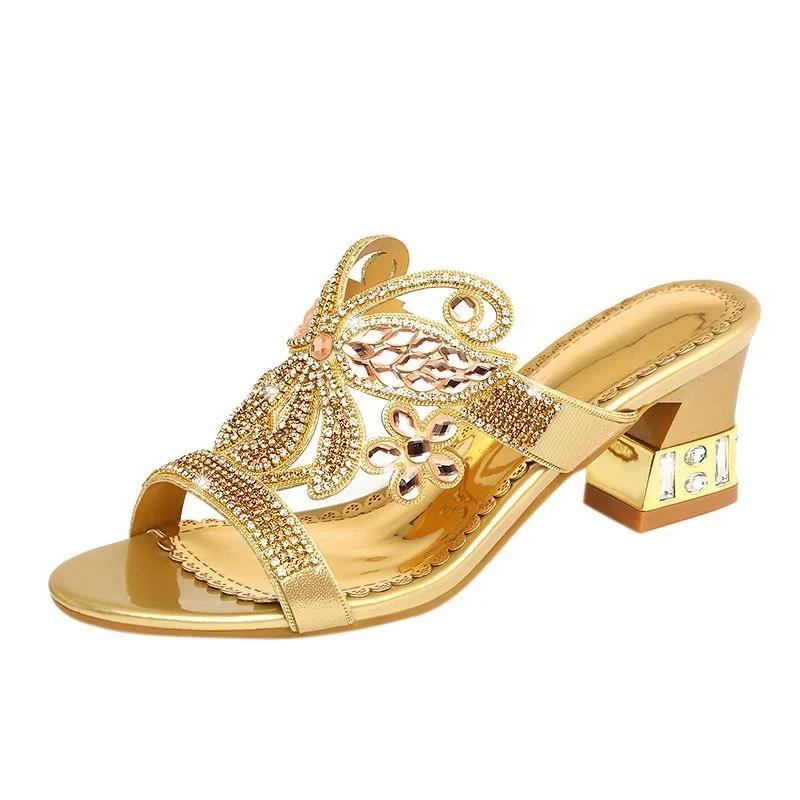 мода Летняя Мода Бриллиантовые Сандалии Женские Кристальные Средний Каблук Шлепанцы-Бабочки Блестящие Стразы Уличные Противоскользящие Пляжные Туфли 34(Foot22cm)
