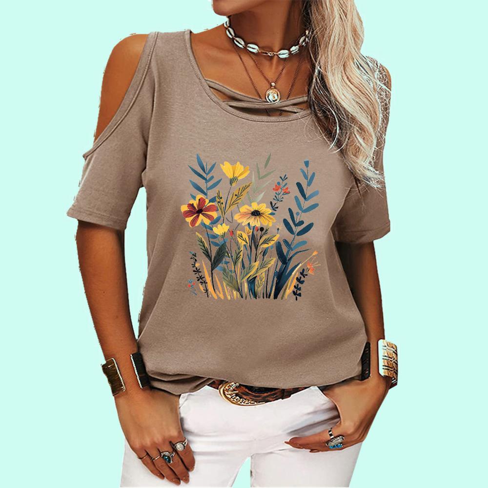 Tricou de damă cu umerii goi, la modă, cu gât rotund, top cu imprimeu floral, tricou casual de damă cu mânecă scurtă