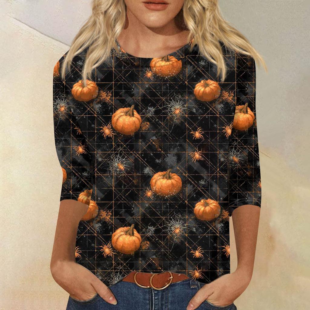 Women's Fashionable Casual Three-Quarter Sleeve Halloween Print Round Neck Top