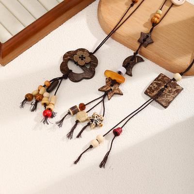 Bohemian Geometric Flower Moon Beads Necklace Women'S Vintage Ethnic Style Fringed Neck Chain Sweater Accessories