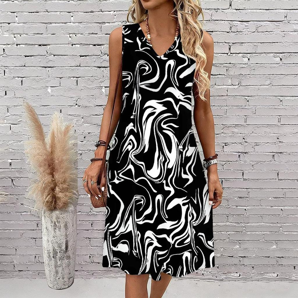 Plus Size V Neck Sleeveless Dress Misty River Valley Ink Print For Lakeside Leisure Trip