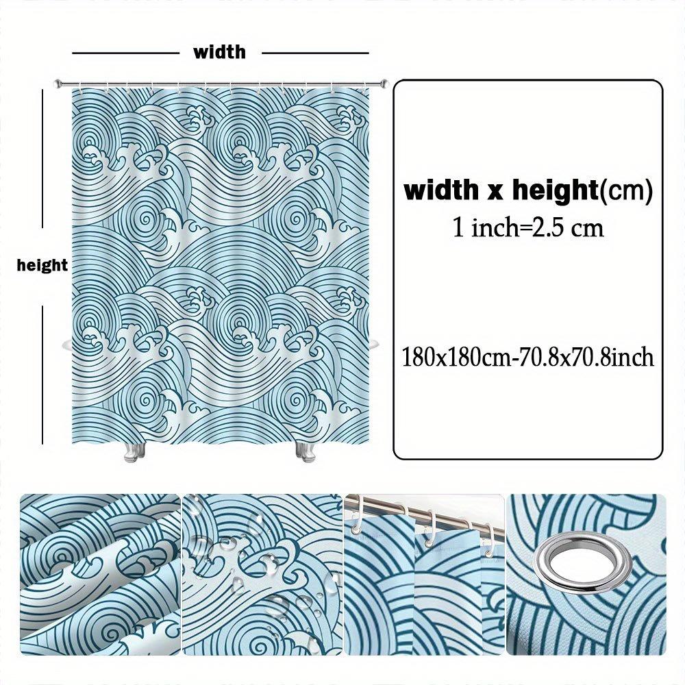 1pc Japanese Art-Inspired Blue Waves Shower Curtain - 70x70", Dynamic Design, Includes 12 Hooks