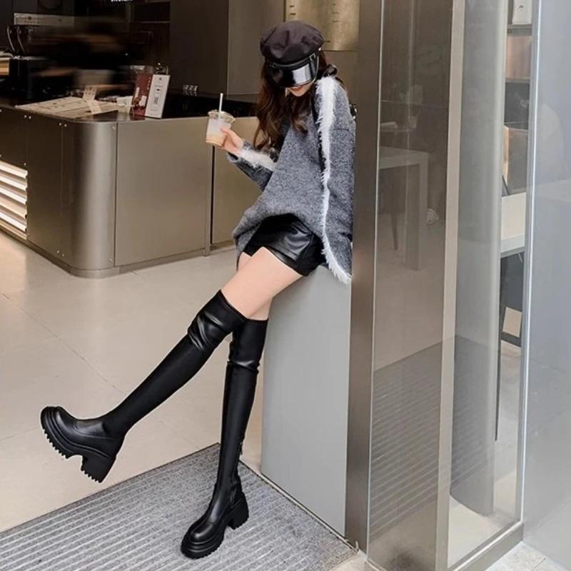 Women's High Over-the-knee Boots Round Head Half-zipper Elastic Thin Thick Bottom Boots Two Heights Optional Fashion Boots Shoes