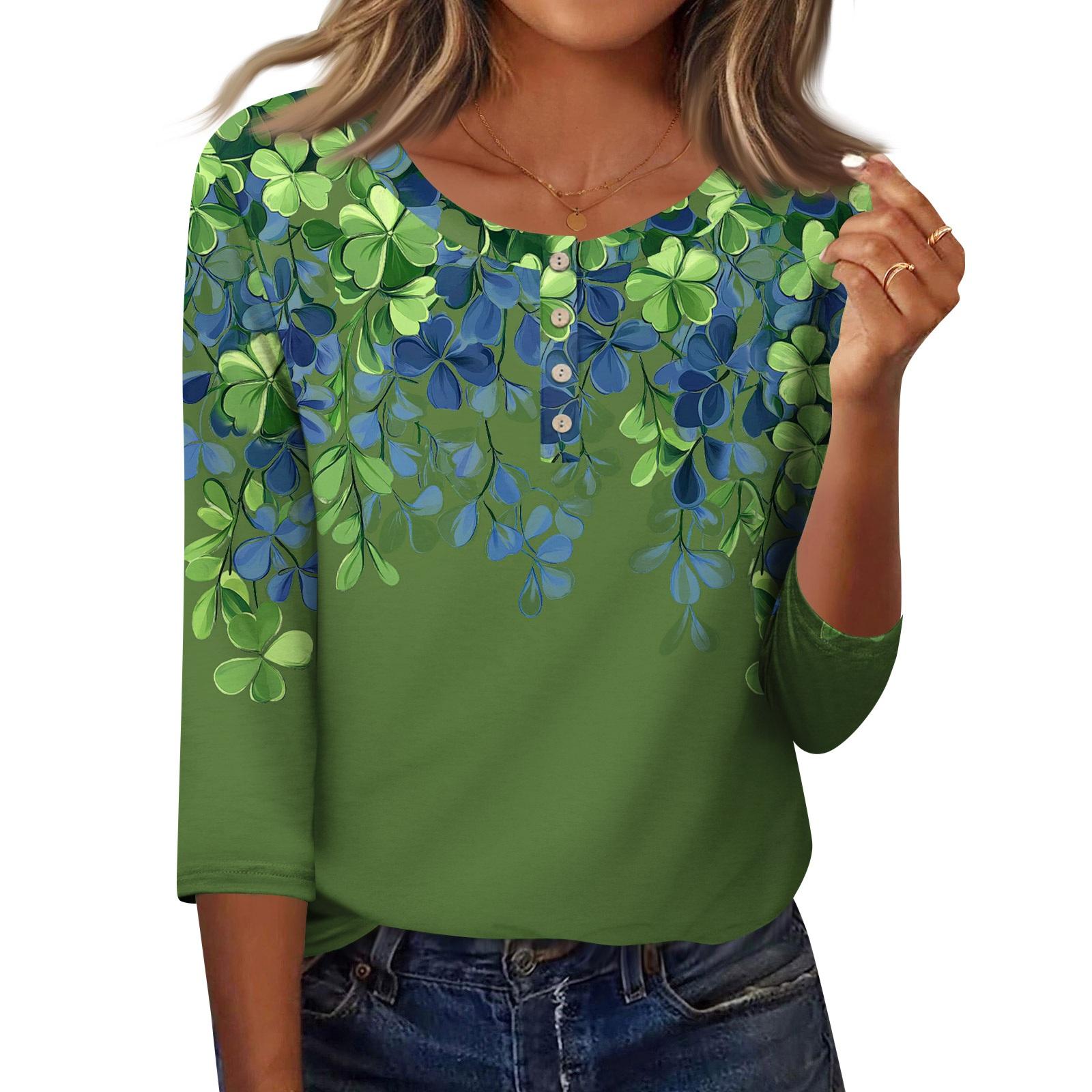 

3/4 Sleeves Shirts For Women Button Down Shirt Top For Women Half Button Down Print Graphic Blouse L