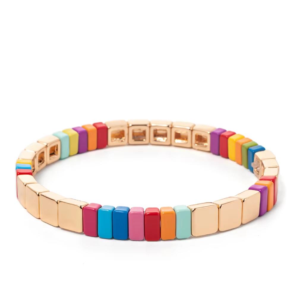 New Fashion Deil Eye Enamel Bangle for Women Colorful Beaded Boho Rectangle Shape Hand Accessory