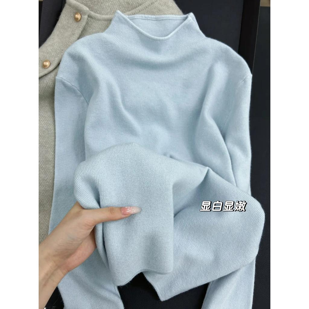 Milk blue inner sweater women's autumn and winter new semi-turtleneck knitted bottoming shirt, high-end outer wear temperament top