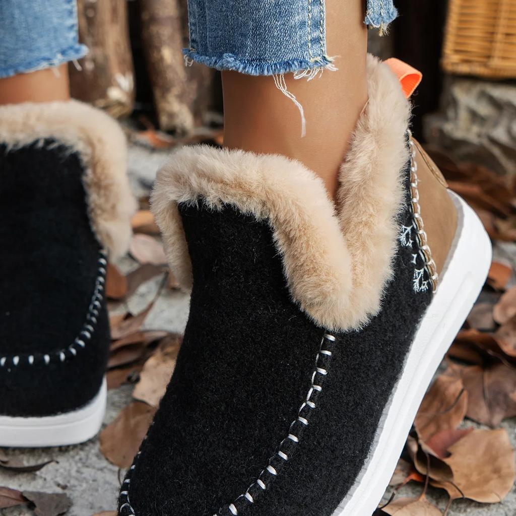 Fashion Women Ankle Boots Snow Botas 2025 Women's Boots New Women Winter Boots Fur Shoes Mujer Slip On Winter Shoes Female Flat Footwear