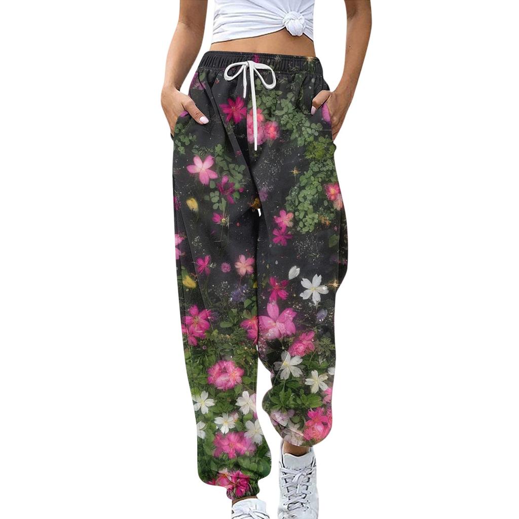Women's Sports Pants With Pockets Fashion Floral Print Elastic Waist Pants Casual Sweatpants Pants