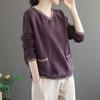 Frühling Herbst Übergröße Künstlerisch Vintage Floral V-Ausschnitt Langarm Leinen Locker Vielseitiger Pullover Top