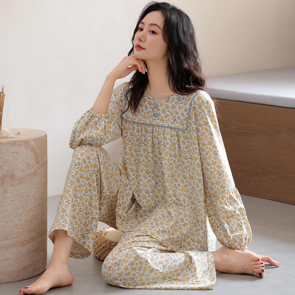 Women's pajamas pure cotton comfortable and simple thin spring and autumn cotton long-sleeved trousers cardigan loungewear can be worn outside set