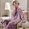 Women's Flannel Pajamas, Coral Velvet Hooded Pajamas, Warm and Long Home Clothing That Can Be Worn Externally