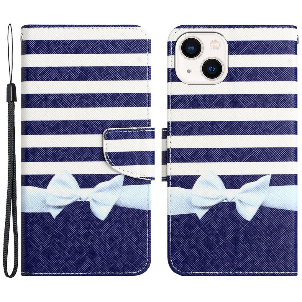 For iPhone 15 Pattern Printing Flip Wallet Case PU Leather Stand Phone Cover with Strap