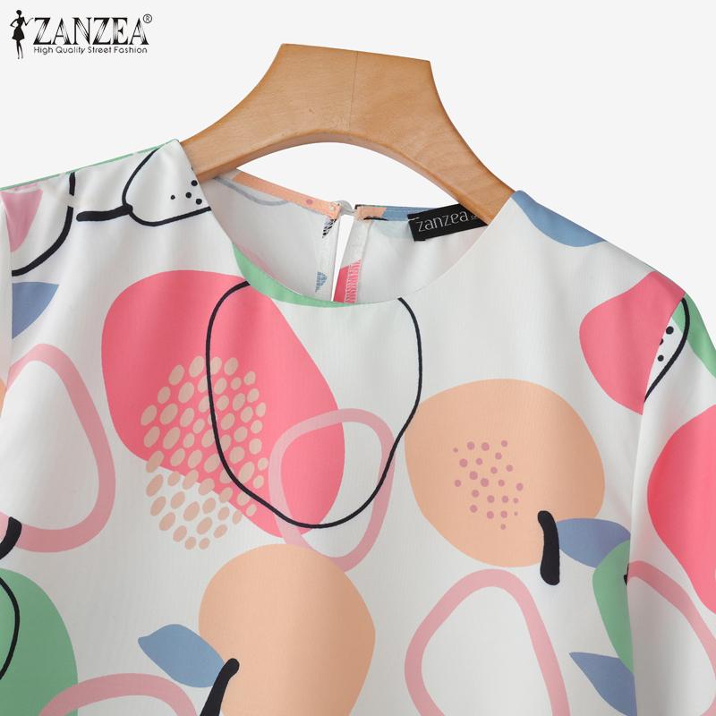 ZANZEA Women Print Casual Round Neck Loose Summer Half Sleeve Blouse