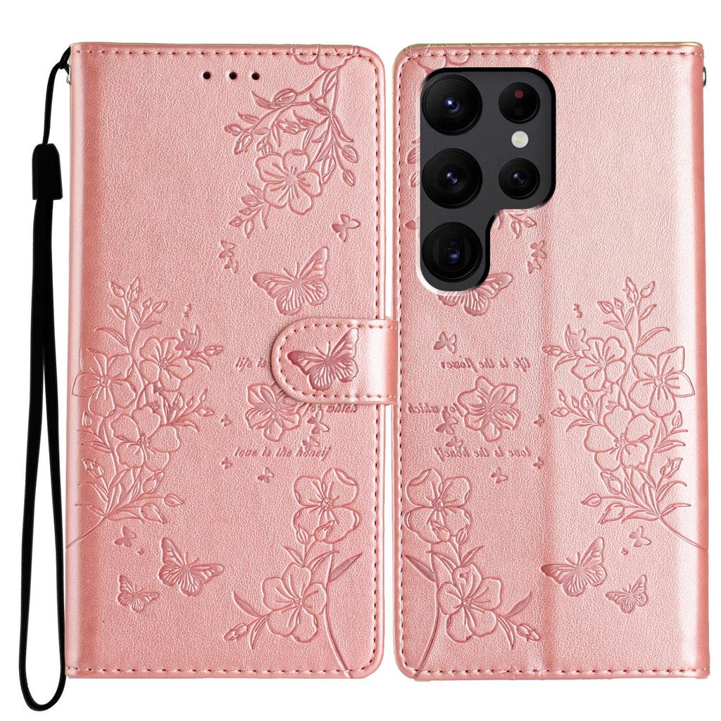 For Samsung Galaxy S24 Ultra Stand Case Butterfly Floral Imprint Leather Wallet Phone Cover