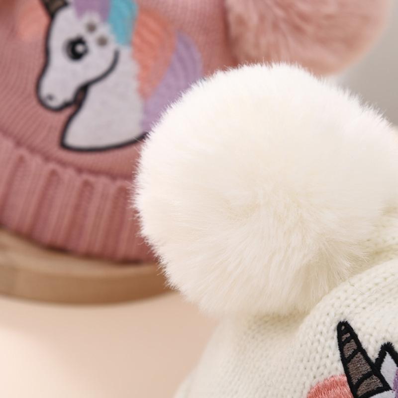 Baby Girl Hat Knit Baby Winter Hat Cute Baby Beanies for Girls Thick Warm Toddlers Double Pompoms Cap for 1-4 Yeas Old