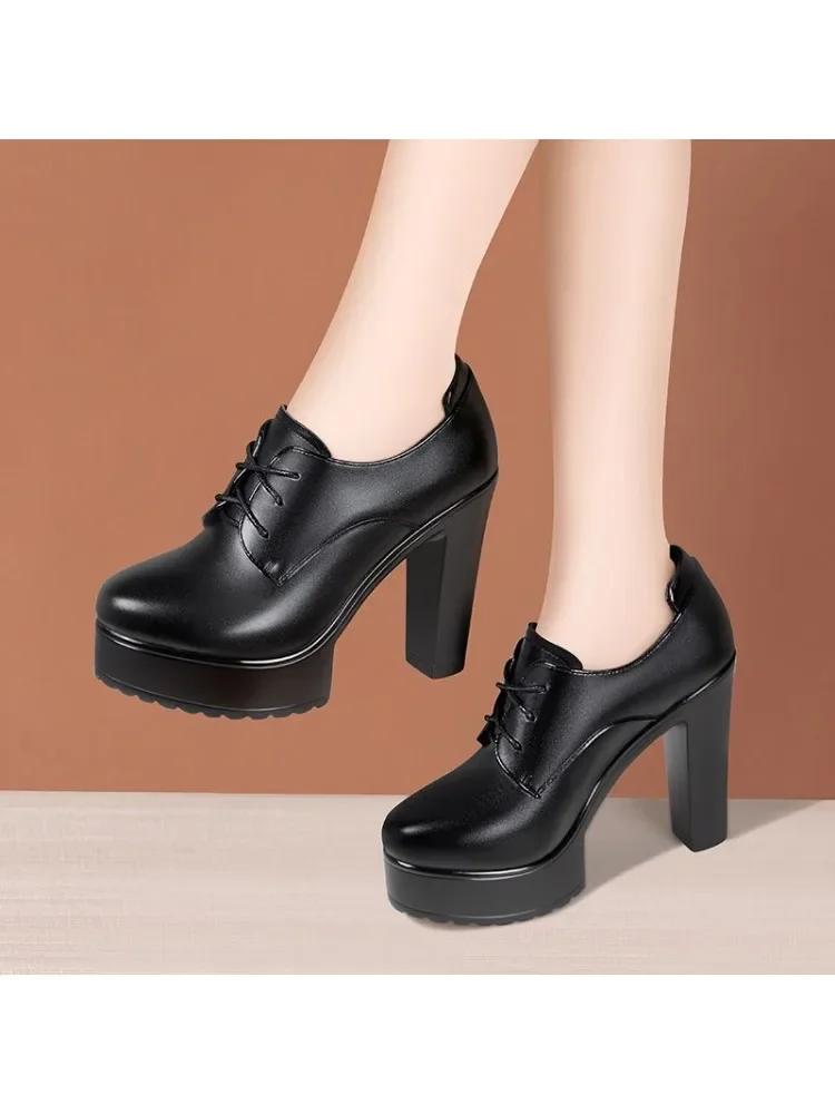 

12см Маленький размер 33-43 Туфли Оксфорды из мягкой кожи с глубоким вырезом Женские туфли-лодочки на платформе 2025 Осень Модель обуви на блочном высоком каблуке с мехом 39