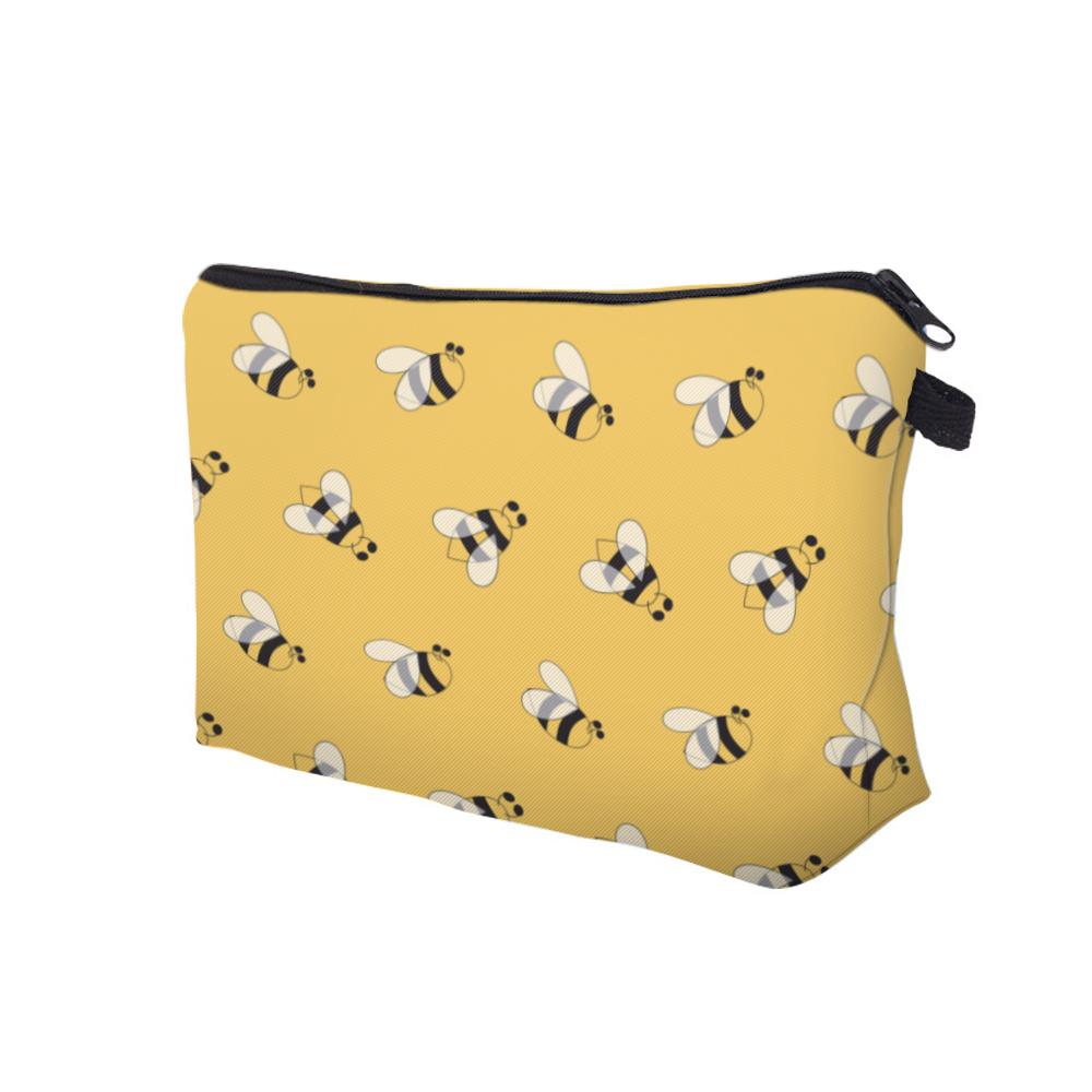 Yellow Cartoon Bee Print Makeup Storage Bag, Cute Portable Zipper Cosmetic Bag, Lightweight Durable Toiletry Bag