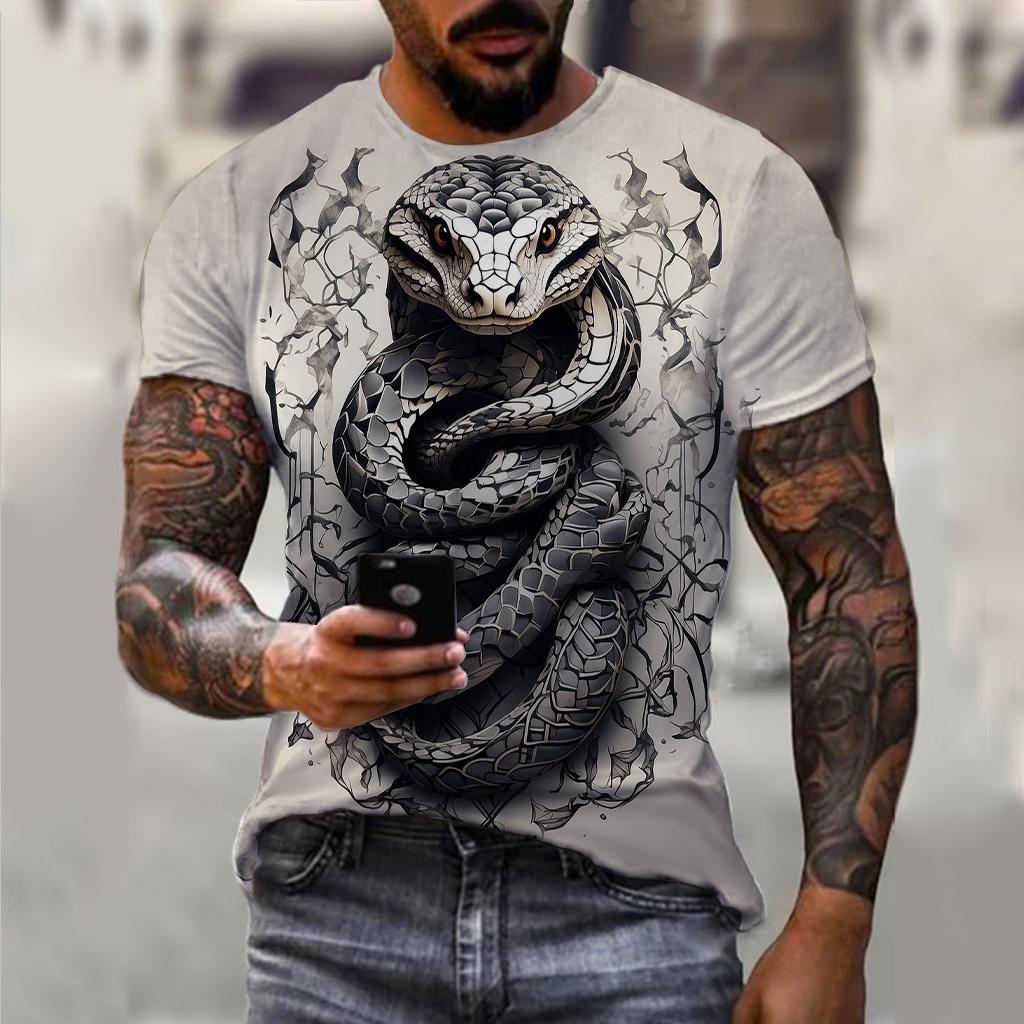 3D Printing 2025 New Year Snake Year Fierce Men's Casual Short Sleeve T-shirt Comfortable Breathable Retro Printed Short Sleeve