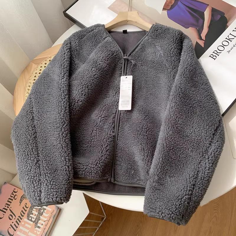 Damen Weiche Fleece V-Ausschnitt Kurze Jacke Warm, Schlicht, Bequem Einfarbig Reißverschlussjacke XXS dunkelgraue