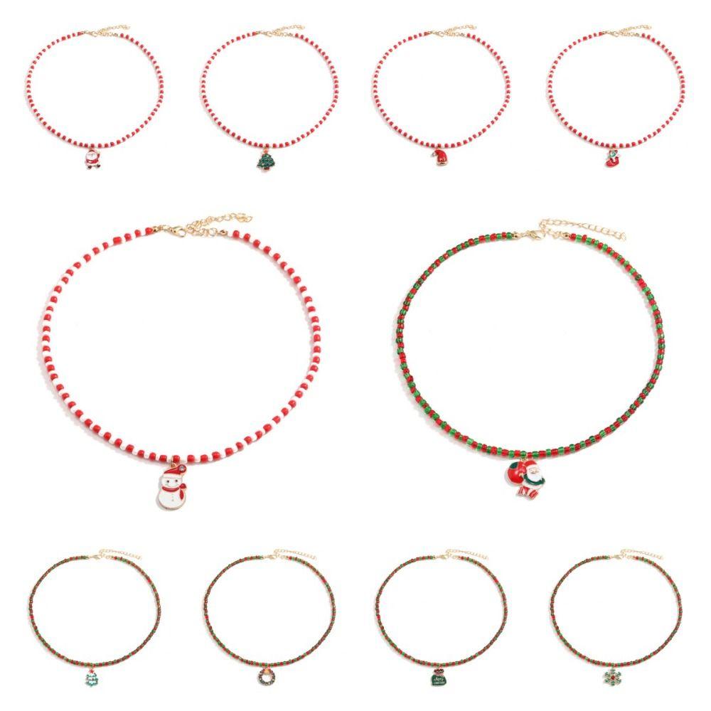 Santa Rice Beaded Chain Clavicle Chain Cartoon Pendant Choker All-match Christmas Necklace  Women