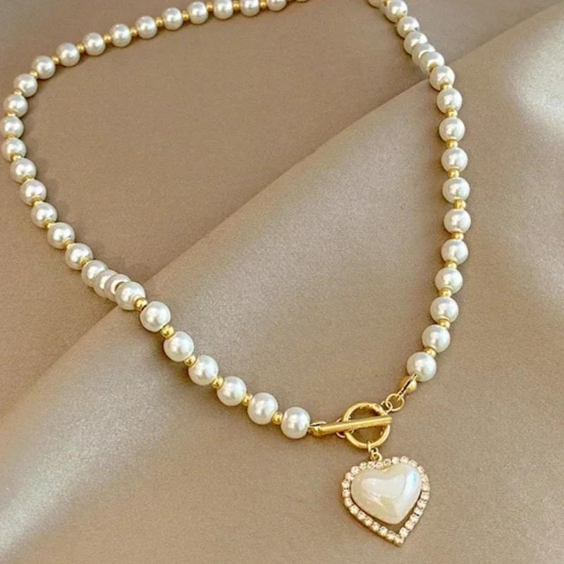 Collier de perles élégant simple et tendance pour femmes, long, à plusieurs rangs, avec pendentif cœur en strass et coquillage, accessoires, bijoux, cadeaux doux