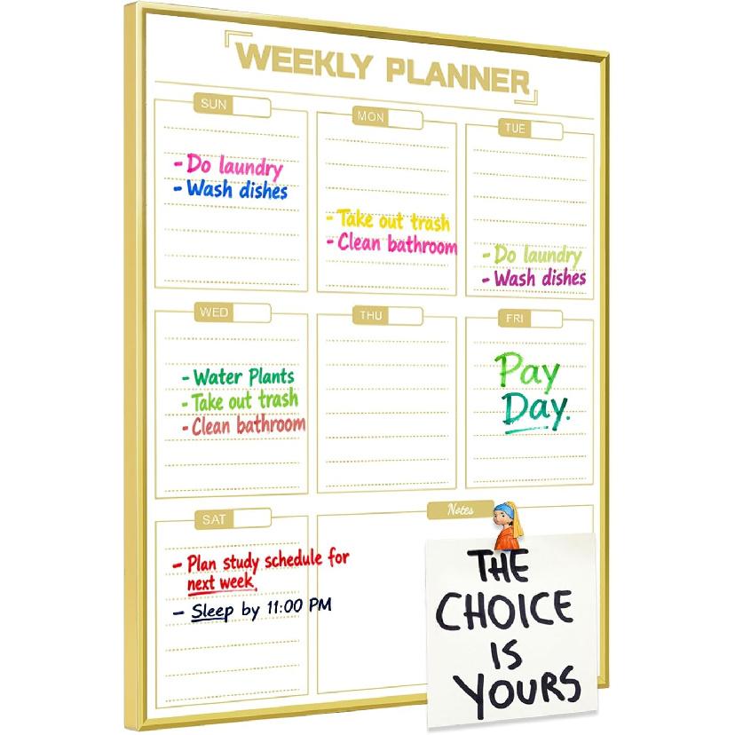 Dry Erase White Board Weekly Calendar Board, Magnetic Whiteboard for Wall,Gold Aluminum Frame Message Board,Vertical, Planner Board for Office, Home,