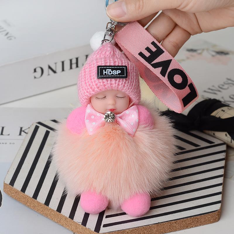 Schlüsselanhänger mit Bommel, schlafendes Baby, niedliche, flauschige Plüschpuppe, Schlüsselanhänger, Damen, Mädchen, Taschen, Schlüsselanhänger, Autos, Schlüsselanhänger, Geschenk, bezaubernde Dekoration gray
