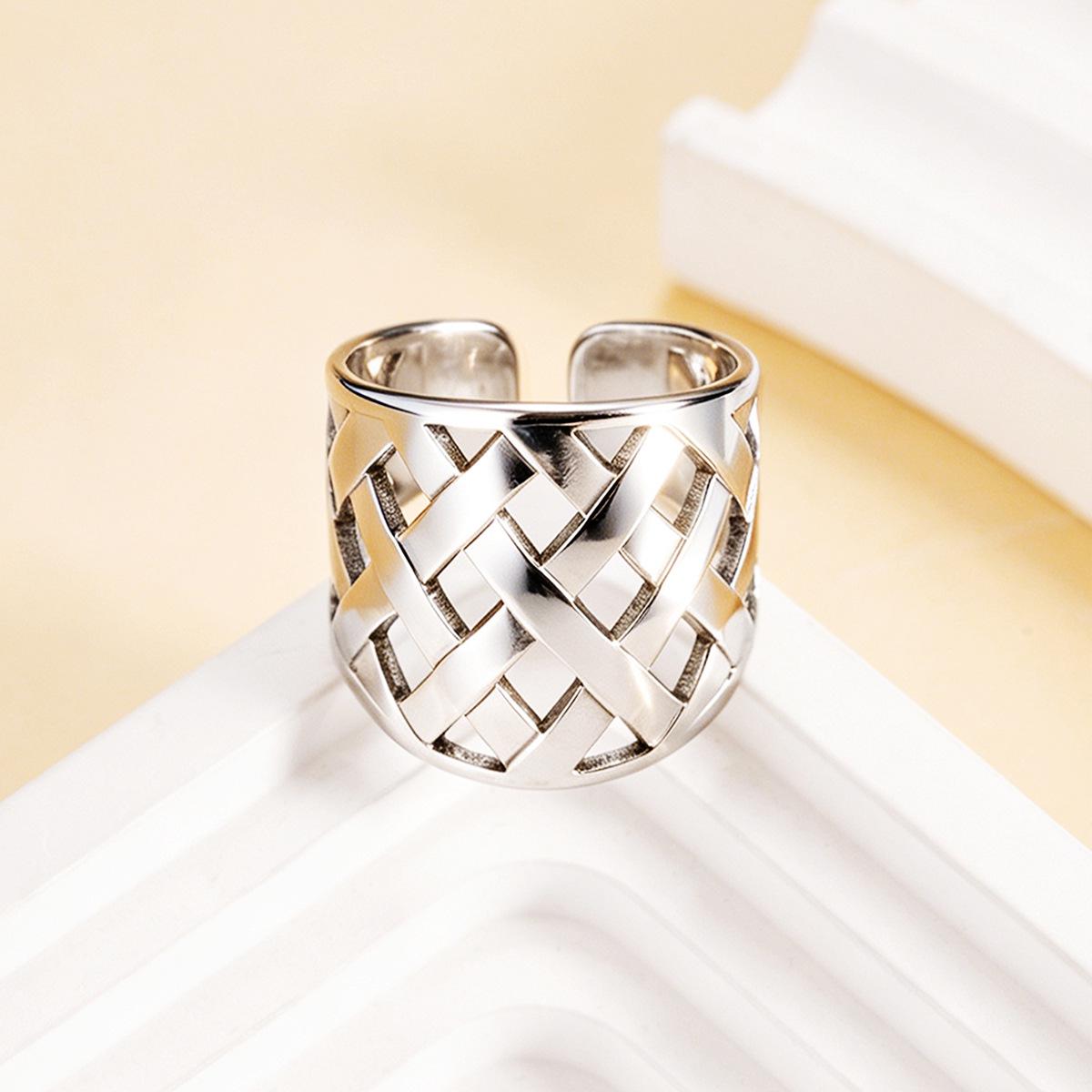 French Retro Woven Lines Gold-Plated Stainless Steel Wide Ring