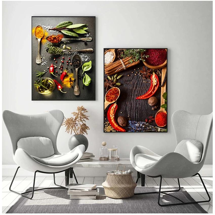 Lebensmittel, Körner, Gewürze, Poster und Drucke, Wandkunst, Bilder für Wohnzimmer, Gewürze, Paprika, Küche, Dekoration, Leinwandgemälde