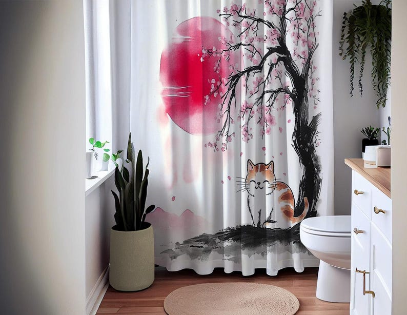 Smiling Cat and Cherry Blossom Shower Curtain, Waterproof Fabric Bath Japanese Ink Art Design, Cute Cat Lovers Bathroom Decor