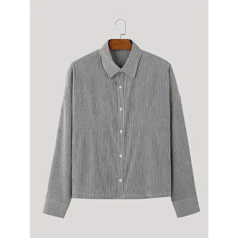 

Cross-Border Amazon 2025 Autumn New European and American Men s Clothing Lapel Vertical Striped Loose Long-Sleeved Shirt Base Shirt Gray XL