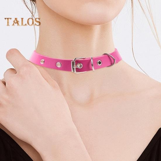 Men Necklace Vintage Punk Style Adjustable Faux Leather Solid Color Bukle Pin Neck Belt Party Club Choker Adult Jewelry