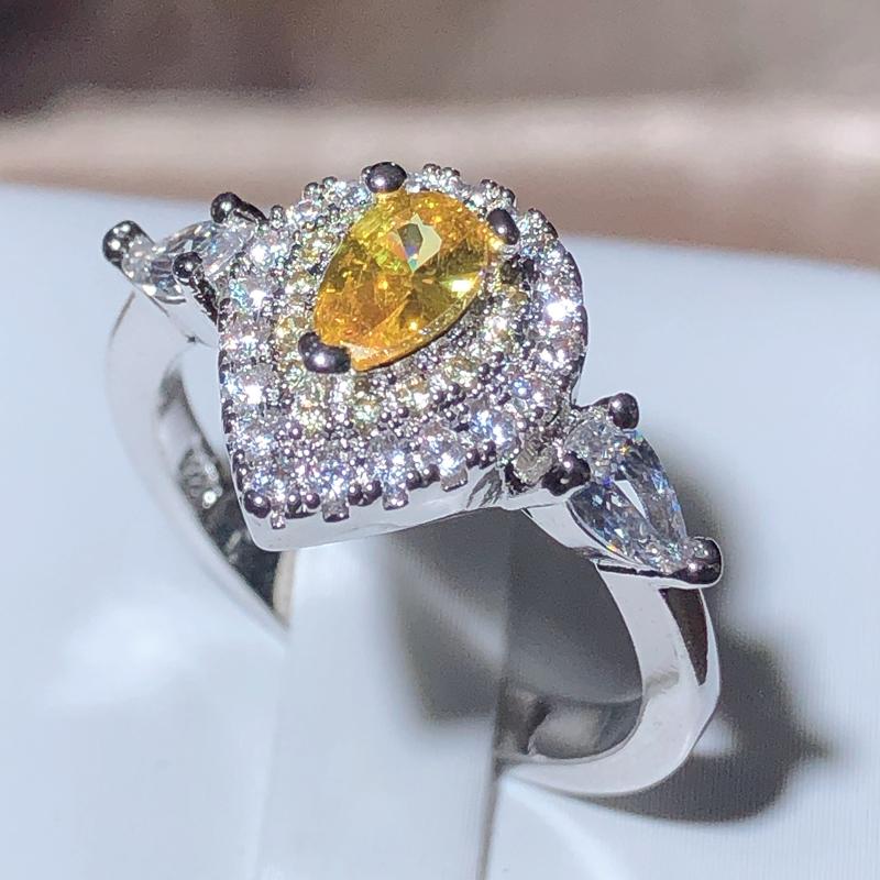 Classic Water Drop Yellow Zirconia Full Diamond Sparkle Ring Women Party Wedding 925 Stamp Fashion Jewelry Ladies Gift 5 жёлтый