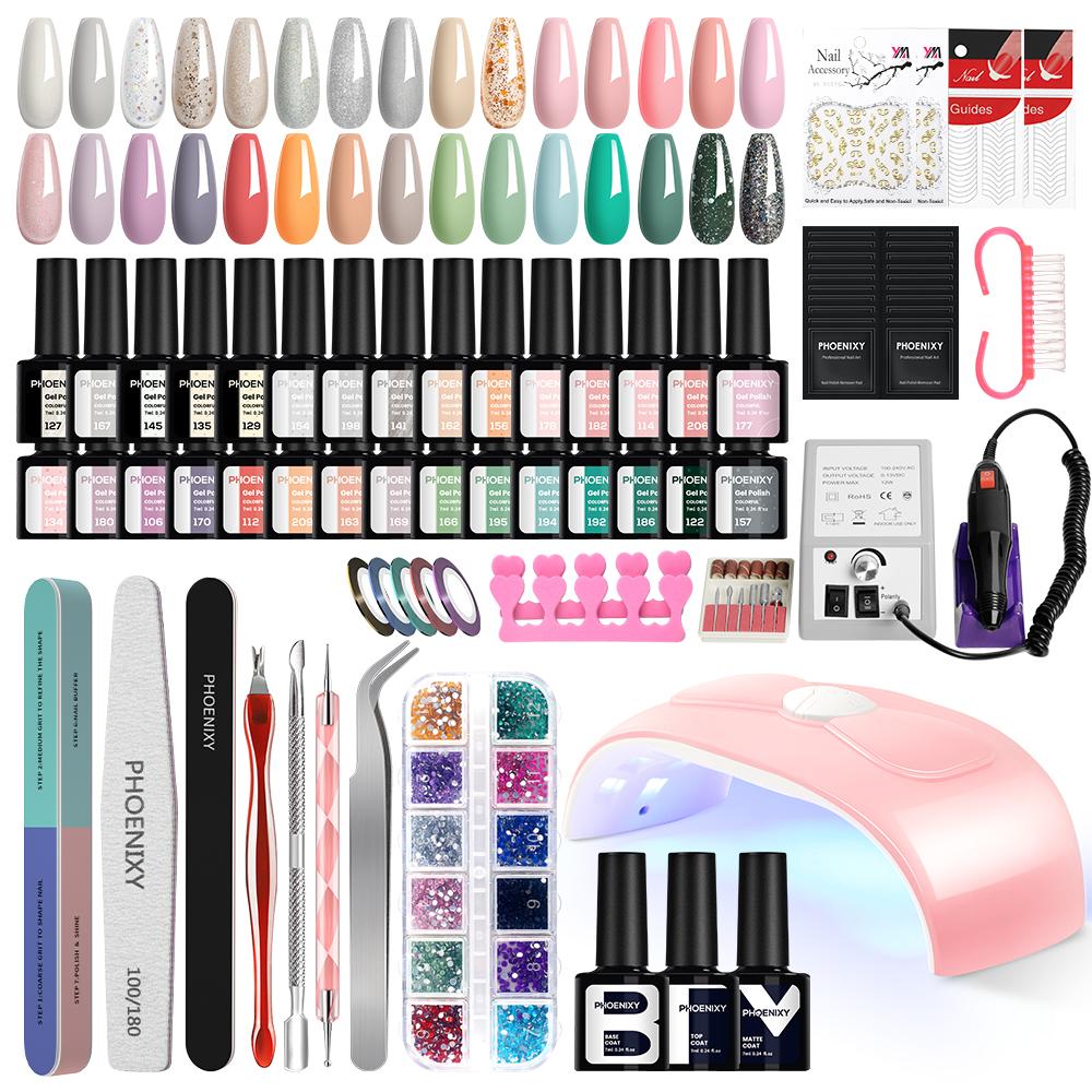 PHOENIXY 30 stk Gel Neglelakksett med U V Lys 54W LED Neglelampe Neglebor Maskin Manikyrverktøy Alt-i-ett Neglegelsett