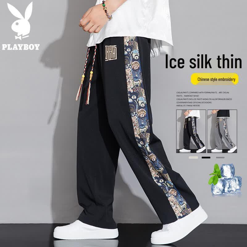 

PLAYBOY Men s Summer Ice Silk Loose Straight Casual Trousers L