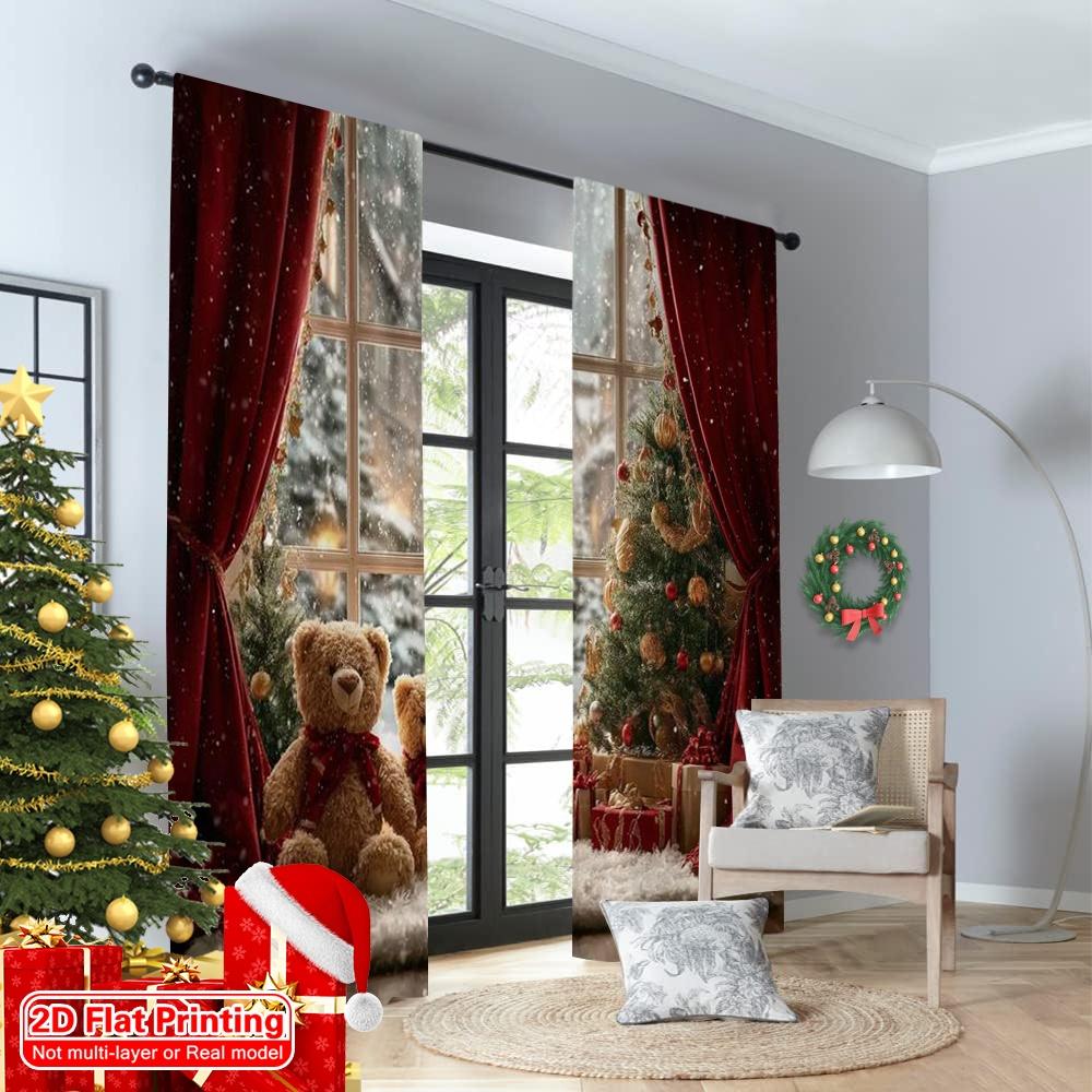 2pcs 2D flat printing Merry Christmas Popular Curtains Christmas holiday Versatile Fabric Without Electricity Holiday