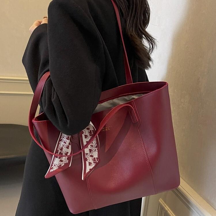 Wine Red PU Leather Tote Bag For Women Business  Large Capacity Shoulder Bag With Silk Scarf Decor For Daily Shopping Travel