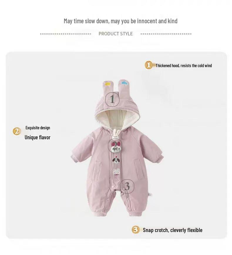 Baby Girl Velvet Jumpsuit - Warm, Cute Cartoon Hooded Windbreaker Onesie