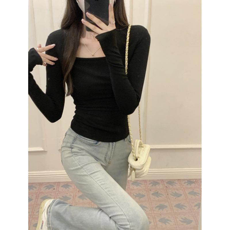 

Квадратный вырез роса ключица длинный рукав футболка женская осень и зима новая облегающая базовая рубашка с коротким верхом и одеждой трендовая XL чёрный