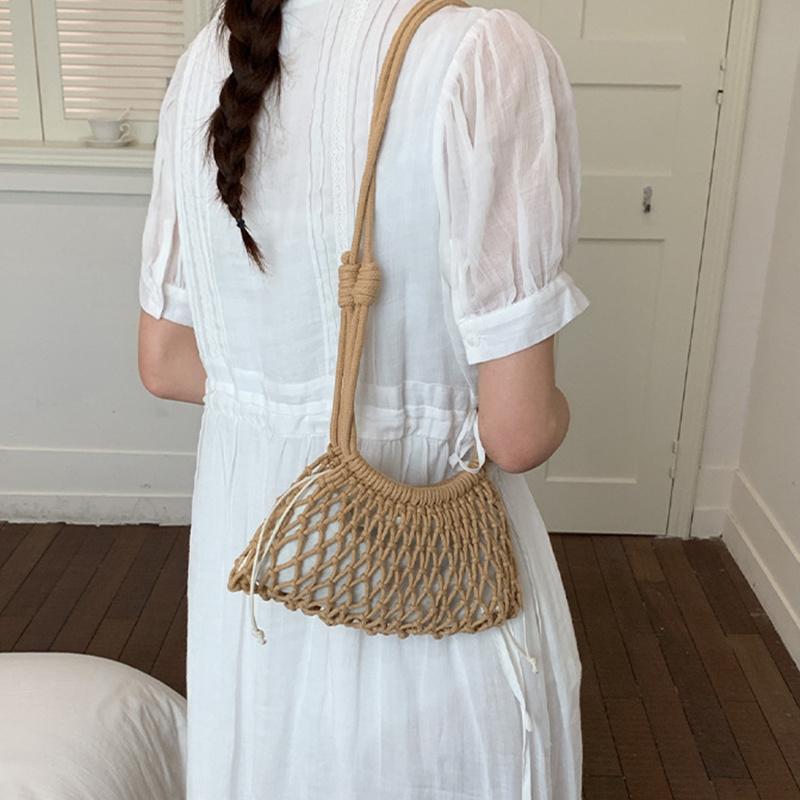 Yogodlns Summer Woven Net Shoulder Bag for Women Beach Hollow Out Crossbody Bag Retro Bohemian Vacation Daily Use Purse
