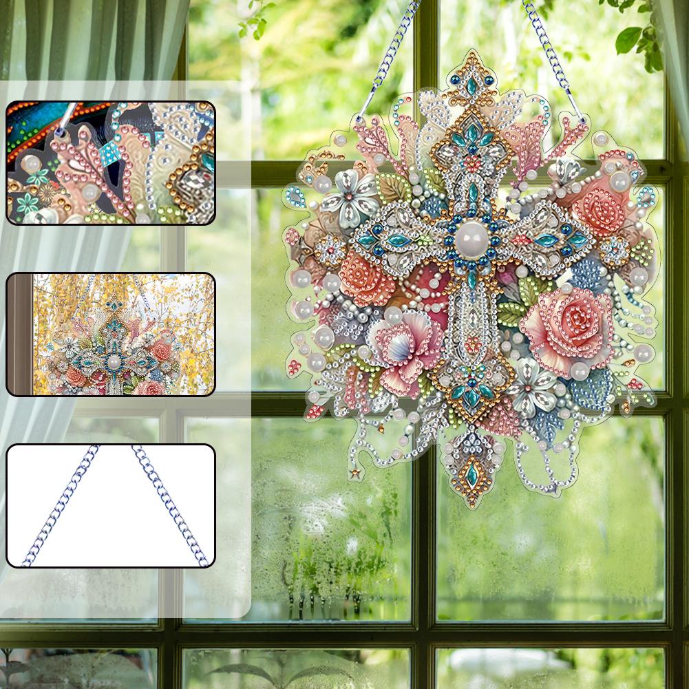 Flower 2D Flat DIY Special Shape Hanging Diamond Art Kits Diamond Painting Set Diamond Art Pendant Wall Decor for Home & Windows