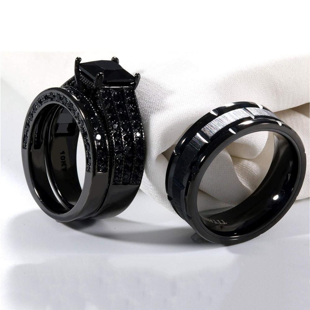 Fashion Couple Rings Romantic Women Black Rhinestones Zirconia Rings Set Simple Men Stainless Steel Ring Wedding Party Jewelry