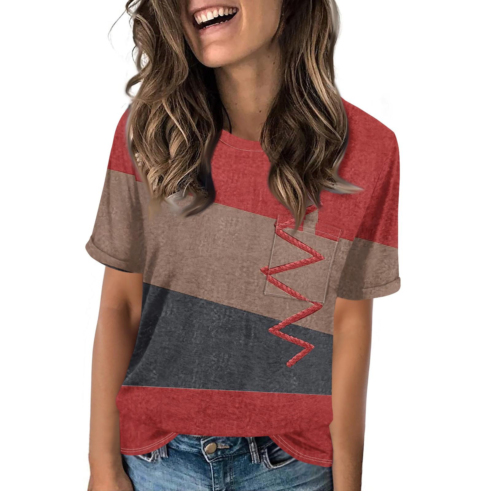 

Женская летняя повседневная свободная футболка с карманами и винтажным принтом с круглым вырезом и коротким рукавом L киноварь