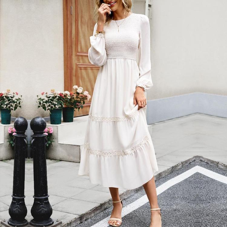 Elegante Vestido Largo para Mujer Cintura Alta Color Sólido Cuello O Manga Larga Otoño Invierno