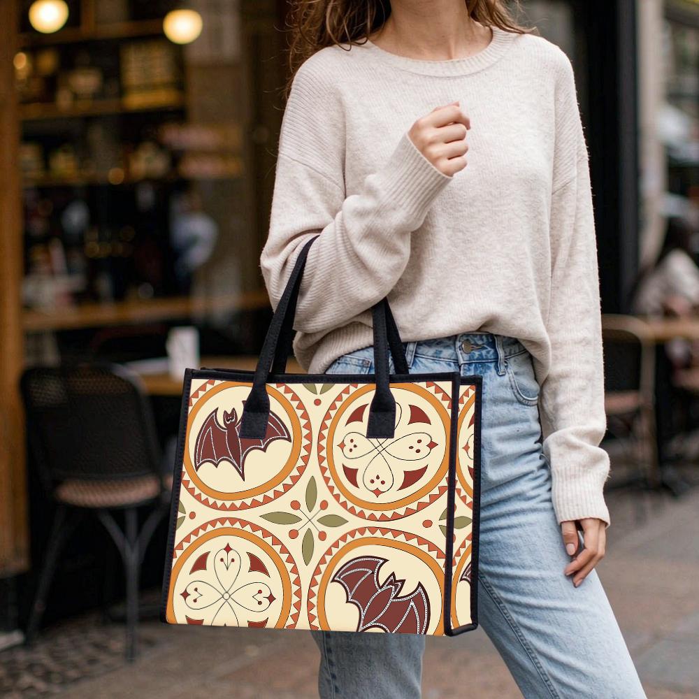 Retro Bat Pattern Tote Bag Boho Style Large Capacity Canvas Bag Daily Portable Shopping Bag